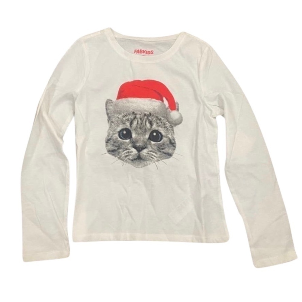Fabkids Long Sleeve Basic Tee in Christmas Cat, Size M​​​​​​​​​​